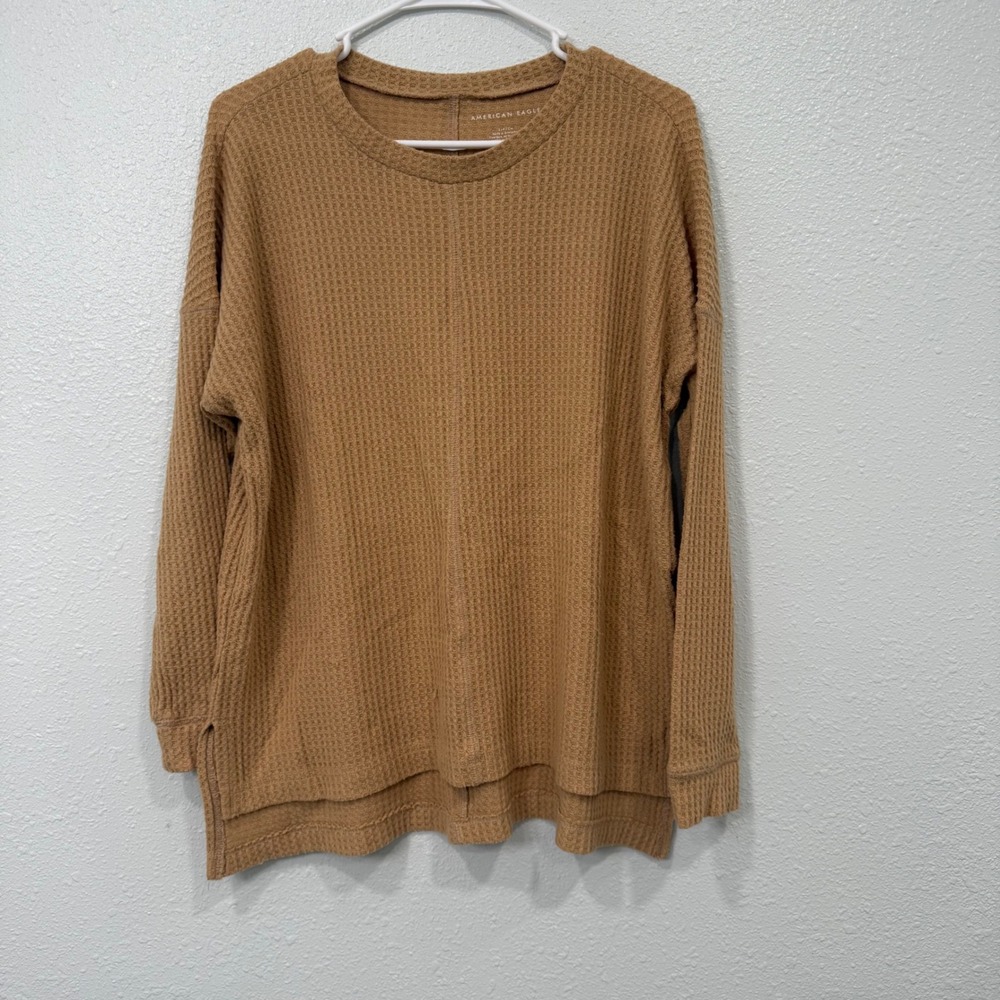 American Eagle Waffle Knit Thermal Top Brown Long Sleeve Crew Neck Small
